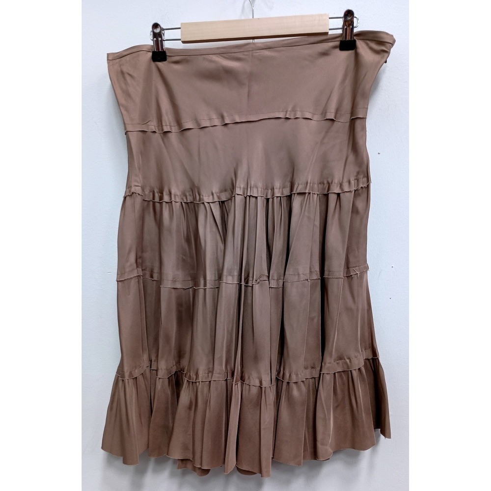 Vince Tiered‎ Silk Skirt Womens 12 Brown Boho Chic Ruffle Knee Length